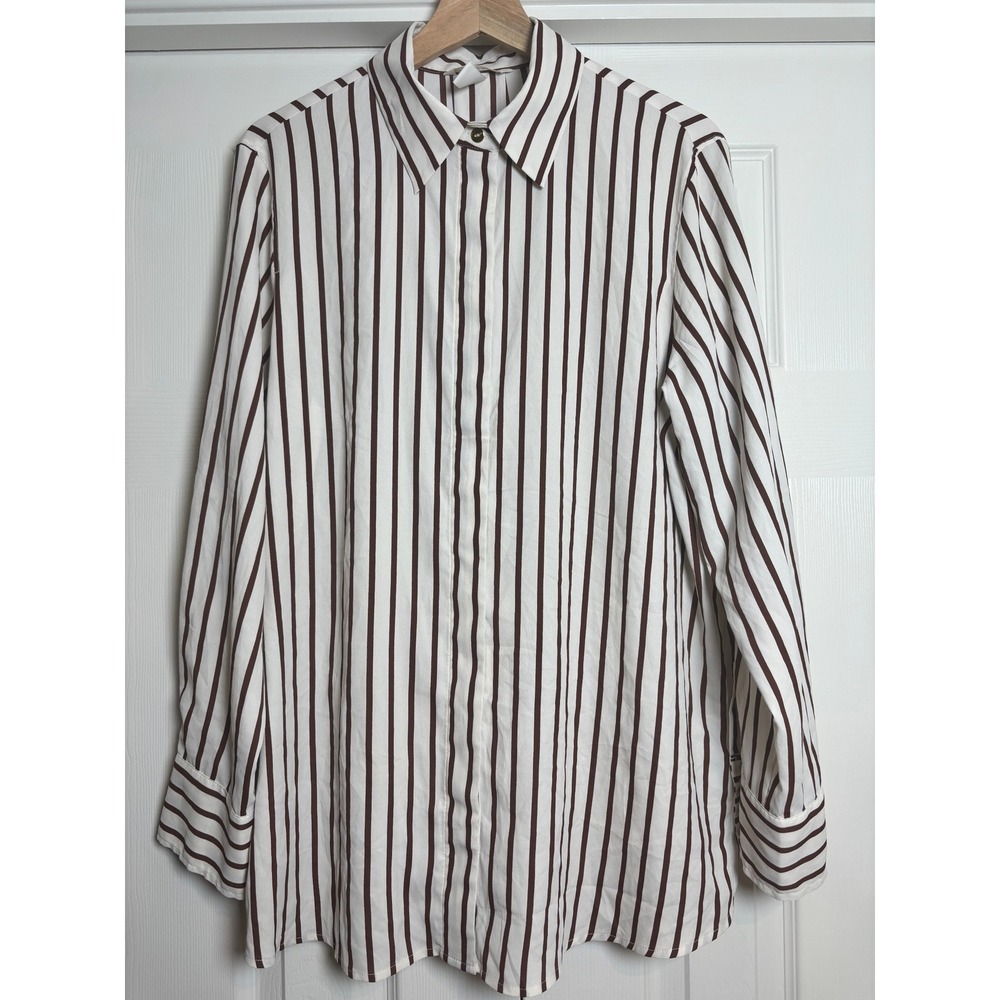 H&M Womens Striped Button Down Blouse Ivory & Brown Gold Button Size Medium